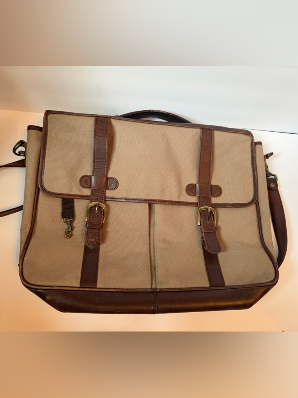 Vintage Eddie Bauer Messenger Laptop Bag Beige/Brown Canvas Leather